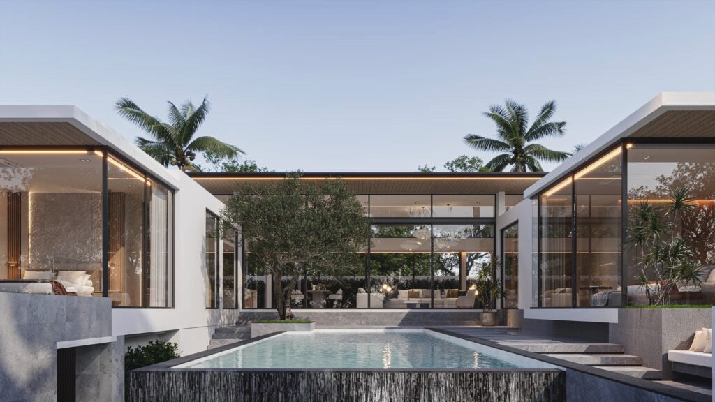 Amber Bliss villa with expansive pool terrace and mature garden tree