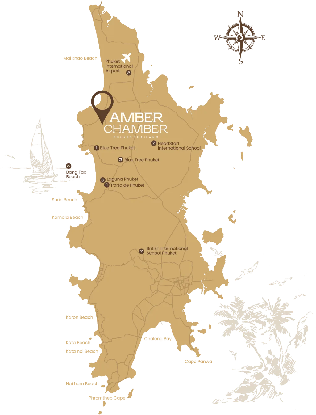 Gold illustrated map of Phuket showing the Amber Chamber Pool Villas location near Cherngtalay